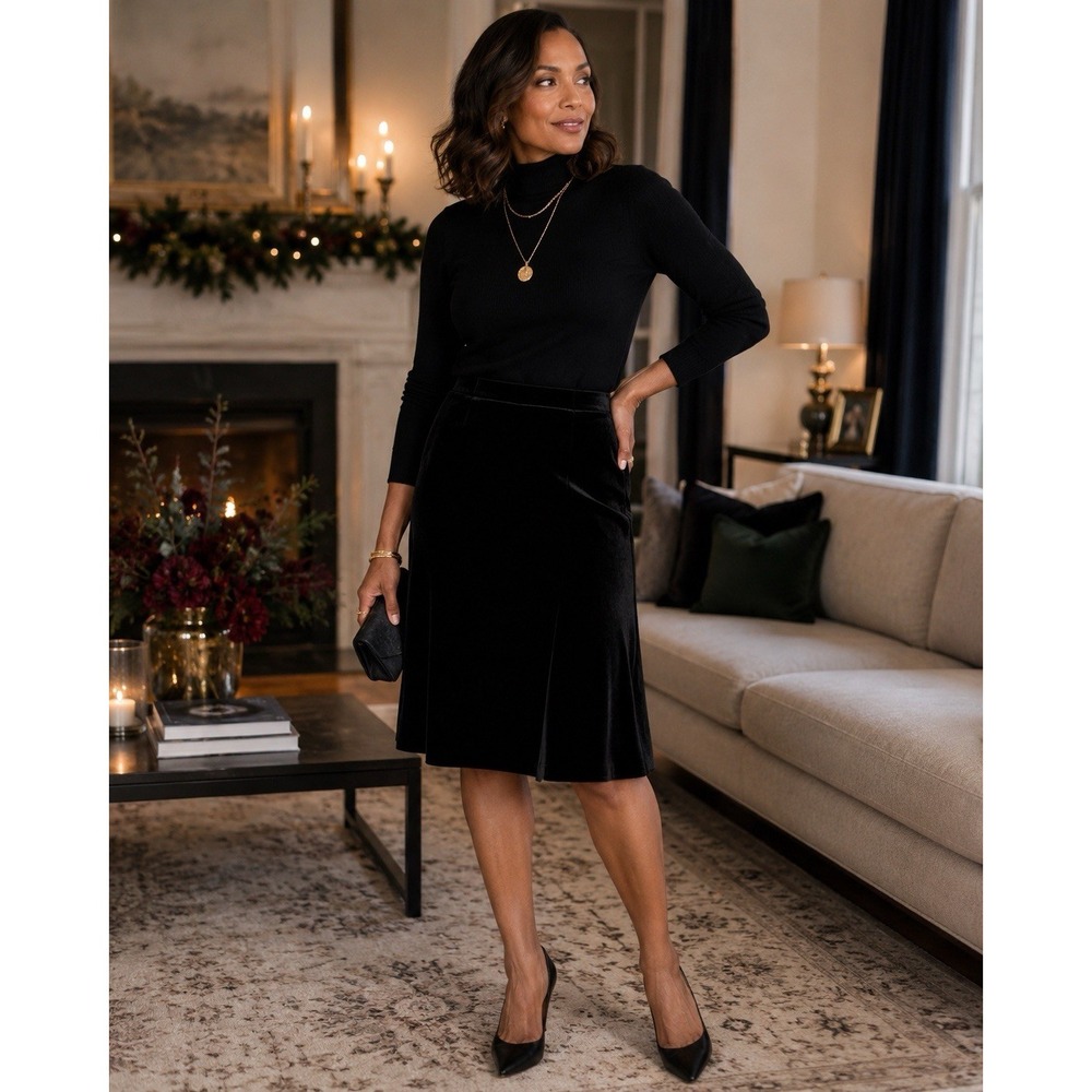Max Studio Black Velvet Swing Skirt Large Made in USA Holiday